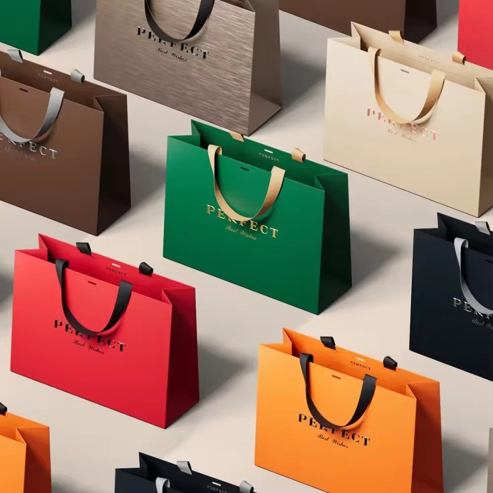 Boutique luxury retail shoes, clothing, cardboard shopping gifts, paper bags with handles, logo printing