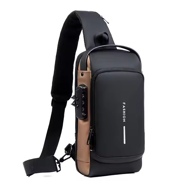 2025 hot selling waterproof men's shoulder chest motorcycle bicycle sling bag with lock customized logo USB drive anti-theft crossbody bag