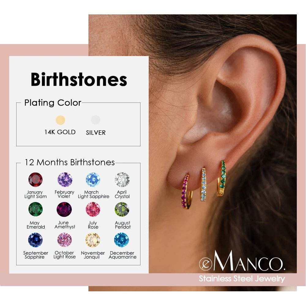 EManco Stainless Steel Birthday Stone Earrings for Women, Simple Circular Earrings, Small Circles, Unisex, Direct Sales